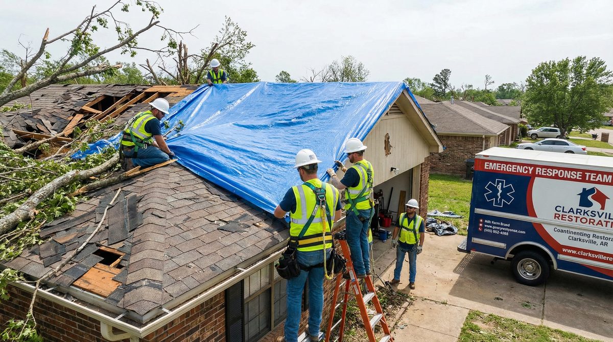 Clarksville Storm Cleanup crew performing emergency roof tarping